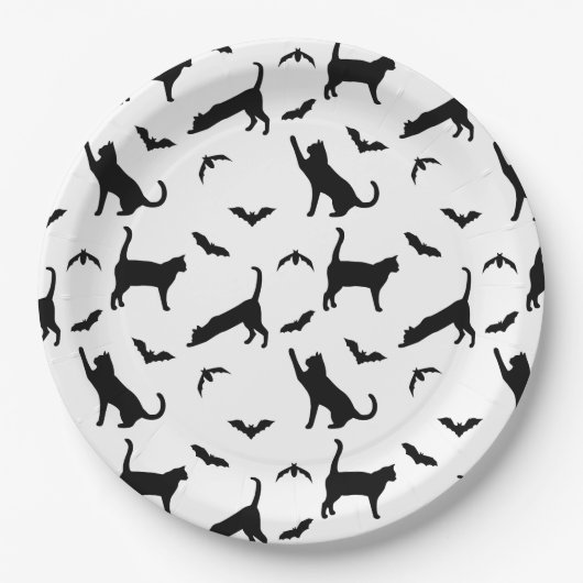 Schwarze Katzen- und Battformen Niedliches Hallowe Pappteller (Vorderseite)