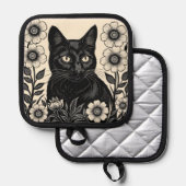 Schwarze Katzen und Blume Topflappen (Vorderseite/Rückseite)