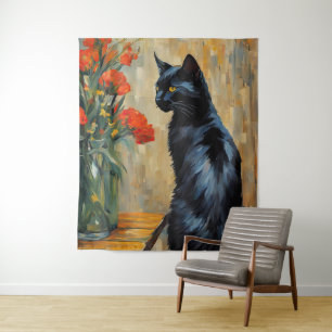 Schwarze Katzen und Blume Wandteppich