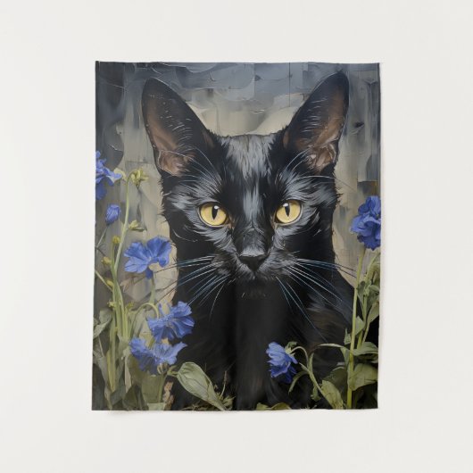 Schwarze Katzen und Blume Wandteppich (Vorderseite)