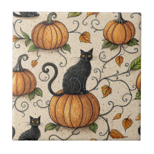 Schwarze Katzen und Kürbis Halloween-Muster Fliese