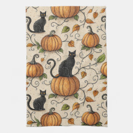 Schwarze Katzen und Kürbis Halloween-Muster Geschirrtuch