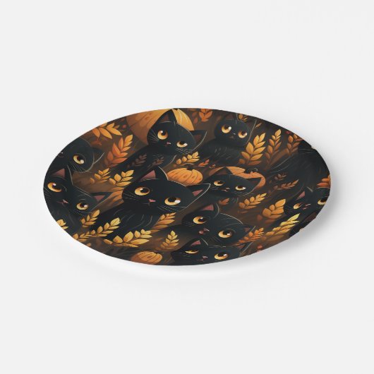 Schwarze Katzen und Kürbis Pappteller (Schrägansicht)