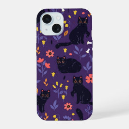 Schwarze Katzen und Wildblumen-Muster iPhone 15 Hülle