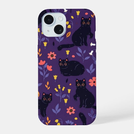 Schwarze Katzen und Wildblumen-Muster iPhone 15 Hülle (Rückseite)