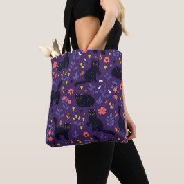 Schwarze Katzen und Wildblumen-Muster Tasche
