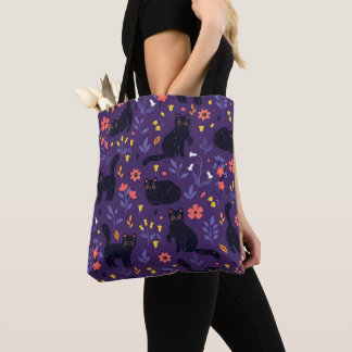 Schwarze Katzen und Wildblumen-Muster Tasche