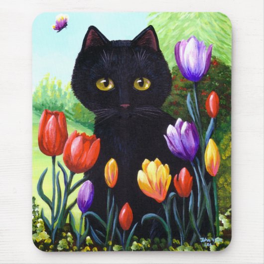 Schwarze Katzen-ursprüngliche Kunst-Tulpe-Blumen Mousepad (Vorne)