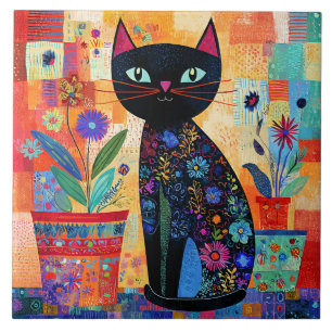 Schwarze Katzen-Volks kunst Fliese