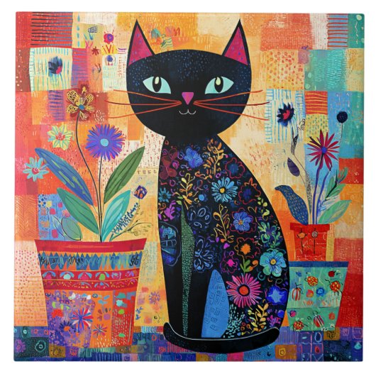 Schwarze Katzen-Volks kunst Fliese (Vorderseite)