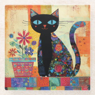 Schwarze Katzen-Volks kunst Glasuntersetzer