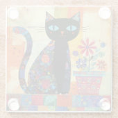 Schwarze Katzen-Volks kunst Glasuntersetzer (Rückseite)