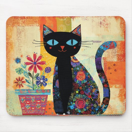 Schwarze Katzen-Volks kunst Mousepad (Vorne)