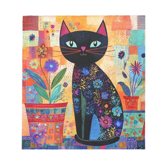Schwarze Katzen-Volks kunst Notizblock (Vorderseite)