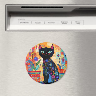 Schwarze Katzen-Volks kunst (Topfpflanzen) Magnet