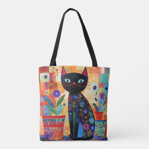 Schwarze Katzen-Volks kunst (Topfpflanzen) Tasche