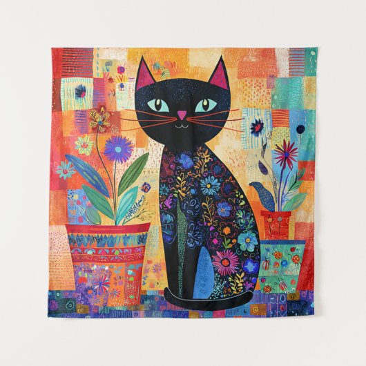 Schwarze Katzen-Volks kunst Wandteppich (Vorderseite)