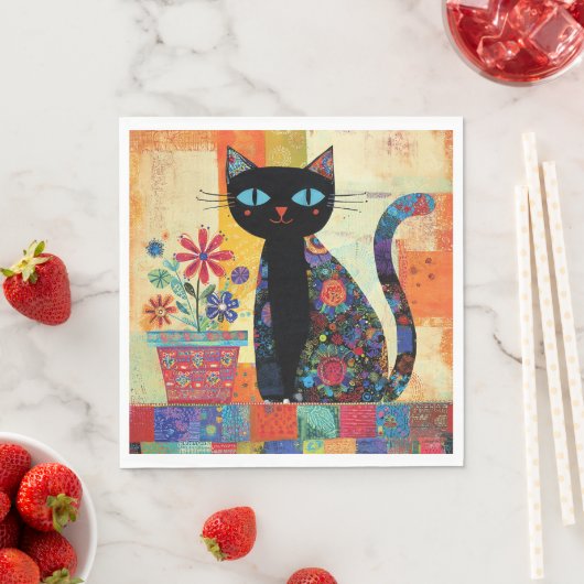 Schwarze Katzen Volkskunst Serviette (Beispiel)