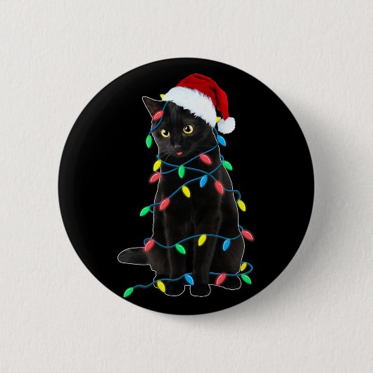 Schwarze Katzen-Weihnachtsbaumlichter Lustiger San Button (Vorderseite)
