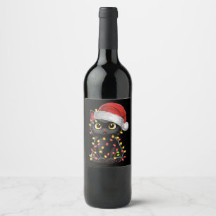 Schwarze Katzen-Weihnachtsbaumlichter Lustiger San Weinetikett