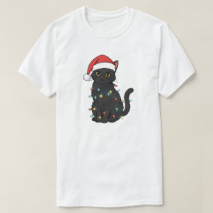 Schwarze Katzen-Weihnachtslichter – Lustiges Santa T-Shirt