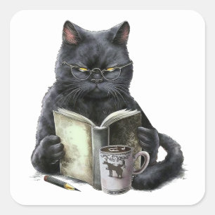 Schwarze Katzenbuchliebhaberin Bücherwurm Kaffee L Quadratischer Aufkleber