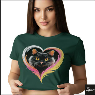 Schwarze Katzenfeder Herz Neon Pop Art T-Shirt