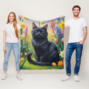Schwarze Katzenfederblumenmalerei Fleecedecke