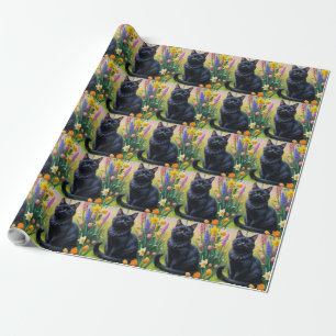 Schwarze Katzenfederblumenmalerei Geschenkpapier