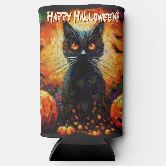 Schwarze Katzenfledermäuse Kürbisse Whimsical Pers Selters Dosenkühler (Vorderseite)