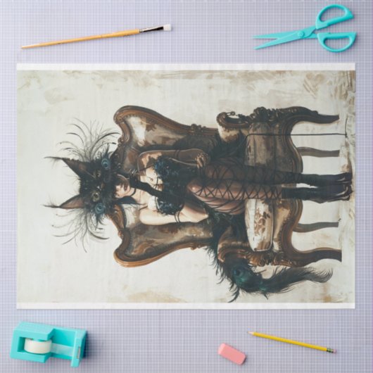 Schwarze Katzenfrau in Schwarz und Pfauendecoupage Seidenpapier (Basteln)