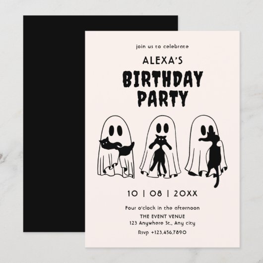 schwarze Katzengeist-Geburtstag Einladung (Vorne/Hinten)