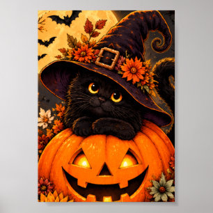 Schwarze Katzenhexe Halloween-Kürbis Herbst Herbst Poster