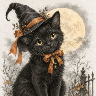 Schwarze Katzenhexe unter Vollmond Poster