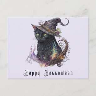 Schwarze Katzenhexenhut Helllila Frohes Halloween Feiertagspostkarte