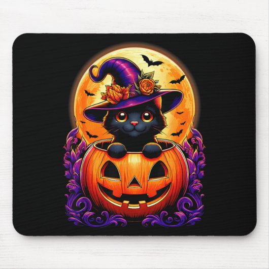 Schwarze Katzenhexenhut-Kürbis Lustiger Halloween- Mousepad (Vorne)