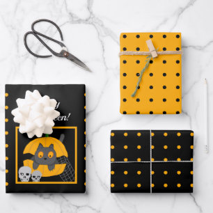 Schwarze Katzenkürbis Skulls Kids Halloween Geschenkpapier Set