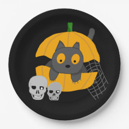 Schwarze Katzenkürbis Skulls Kids Halloween Pappteller