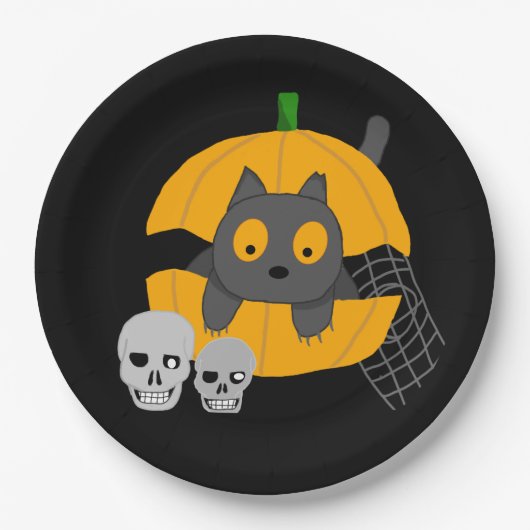 Schwarze Katzenkürbis Skulls Kids Halloween Pappteller (Vorderseite)