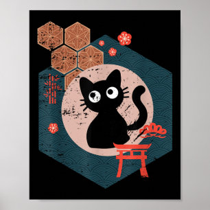 Schwarze Katzenliebhaberin japanisches Kätzchen An Poster