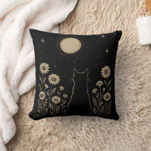 Schwarze Katzenmond Minimalistische Wildblume Kissen