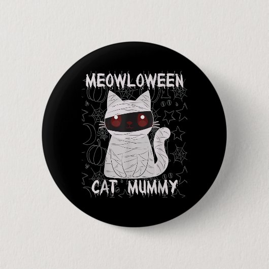 Schwarze Katzenmumie Halloween Button (Vorderseite)