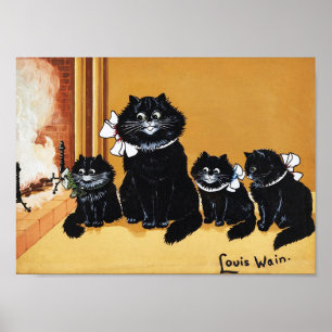 Schwarze Katzenmutter und Kind, Louis Wain Poster