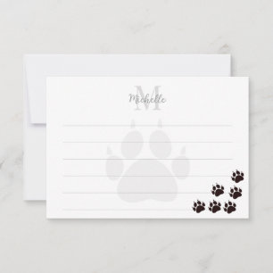 Schwarze Katzenpfotenabdrücke liniertes Monogramm Mitteilungskarte