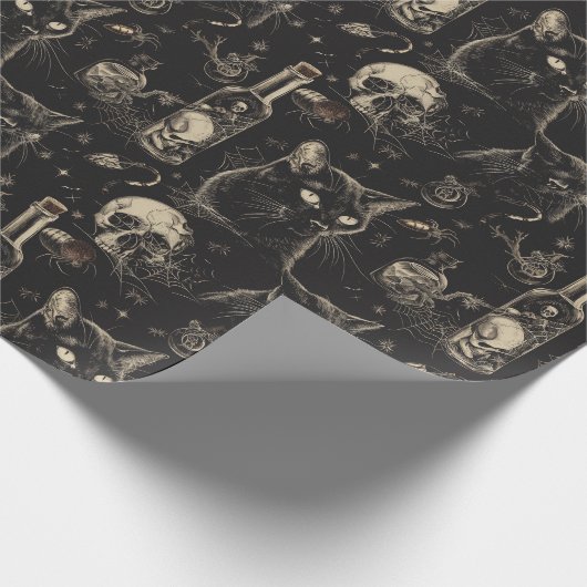 Schwarze Katzenschädel und GiftHalloween Geschenkpapier (Ecke)