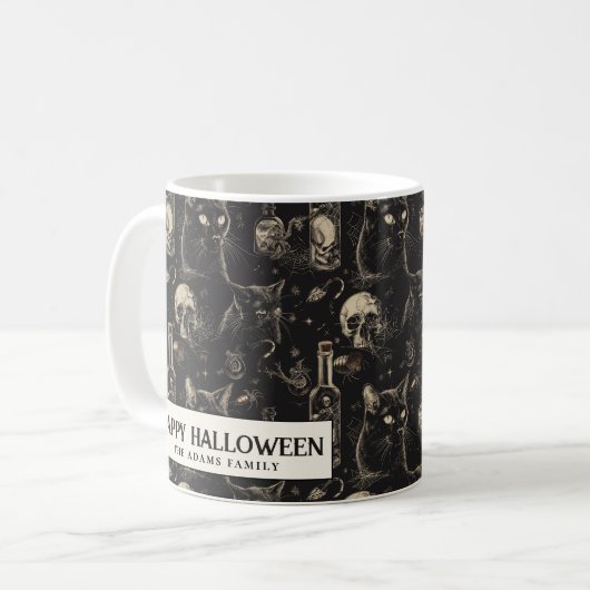 Schwarze Katzenschädel und GiftHalloween Kaffeetasse (Vorderseite Links)