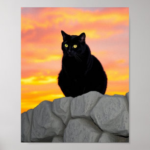 Schwarze Katzensilhouette bei Sonnenuntergang Wand Poster