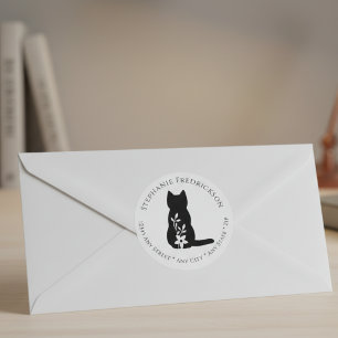 Schwarze Katzensilhouette Floral Botanisch Minimal Etiketten