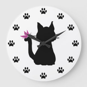 Schwarze Katzensilhouette Rosa Schmetterling Große Wanduhr