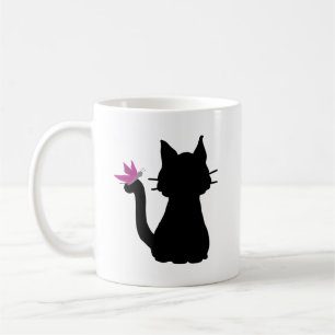 Schwarze Katzensilhouette rosa Schmetterling Kaffeetasse